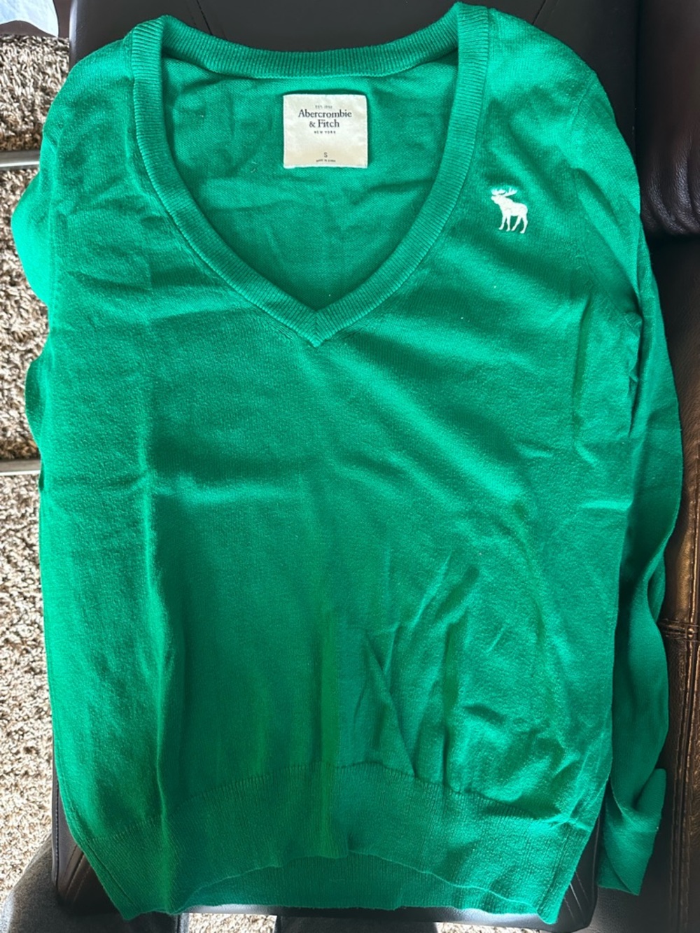 Abercrombie & Fitch Women’s V-Neck Sweater in Bright Green with White Moose